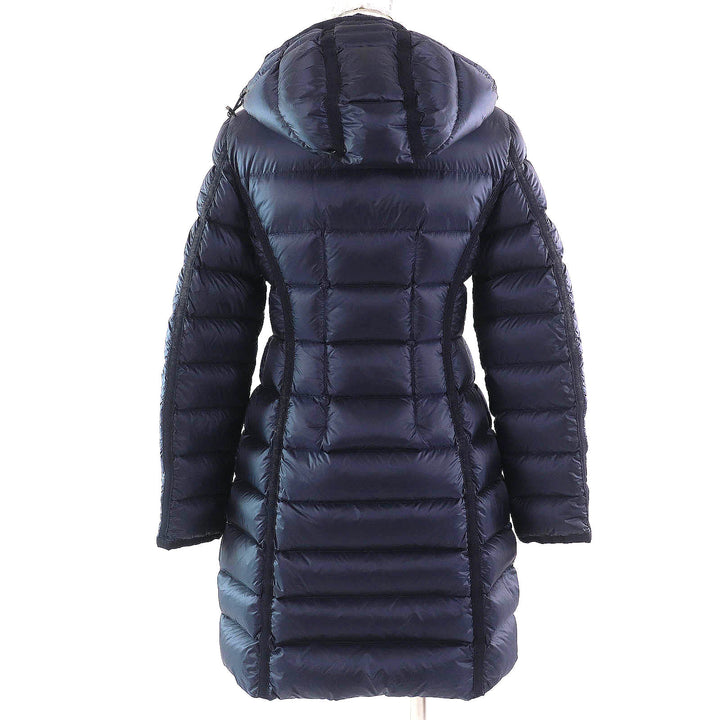 美品△MONCLER モンクレール HERMINE エルミンヌ ロゴワッペン フード付 ロングダウンコート ネイビー 0 正規品 レディース 美シルエット
