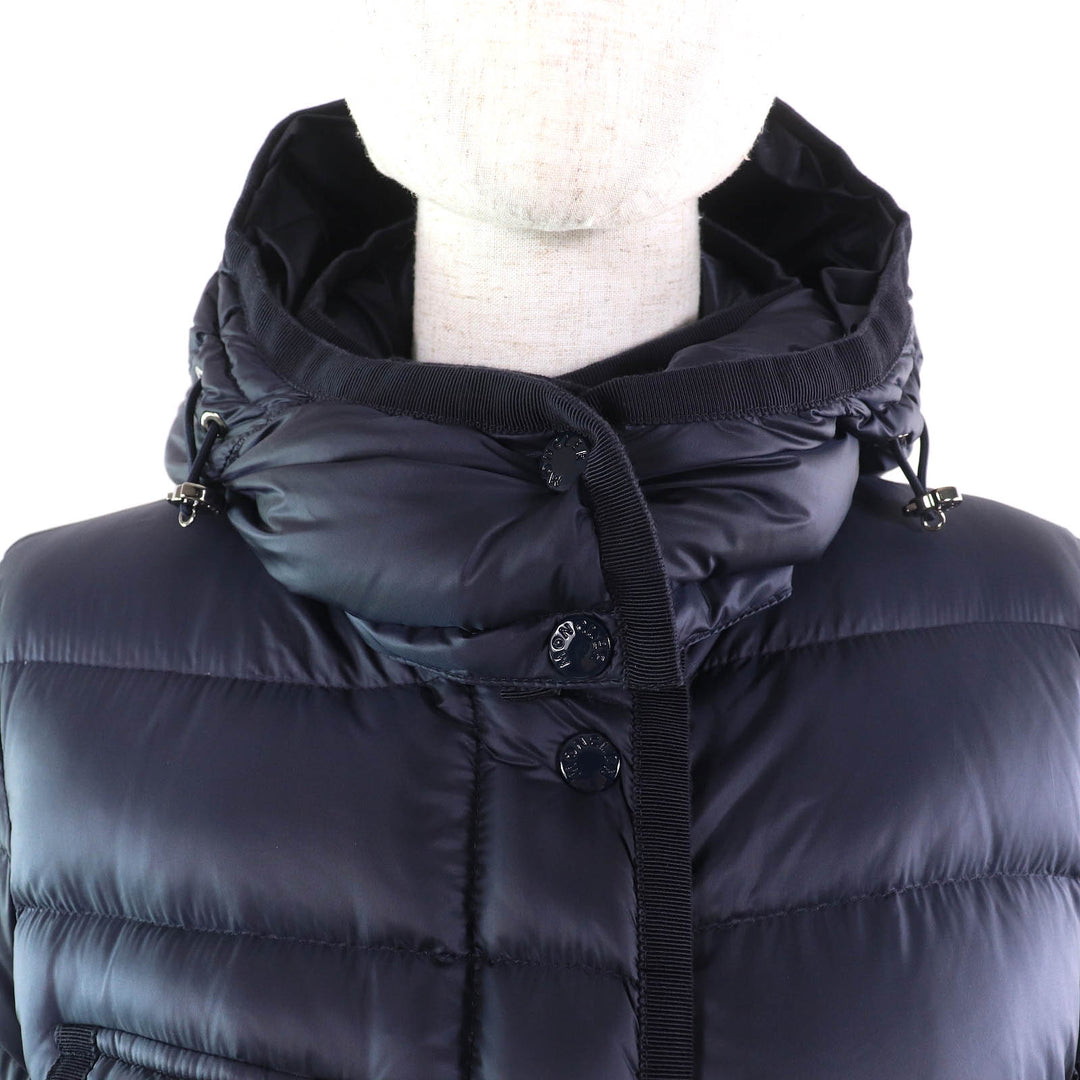 美品△MONCLER モンクレール HERMINE エルミンヌ ロゴワッペン フード付 ロングダウンコート ネイビー 0 正規品 レディース 美シルエット