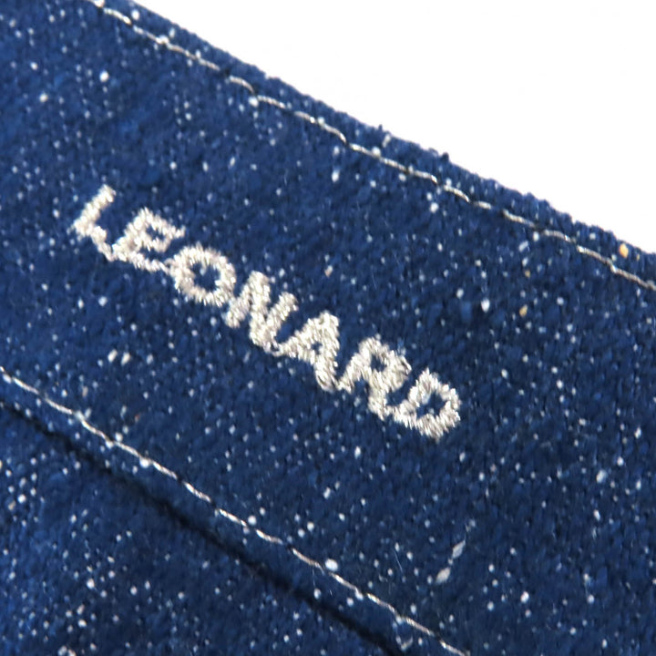 美品△LEONARD FASHION レオナール ファッション シルク100％ ロゴ刺繍 ビジュー付き ジャケット スカート セットアップ ブルー 9AB2