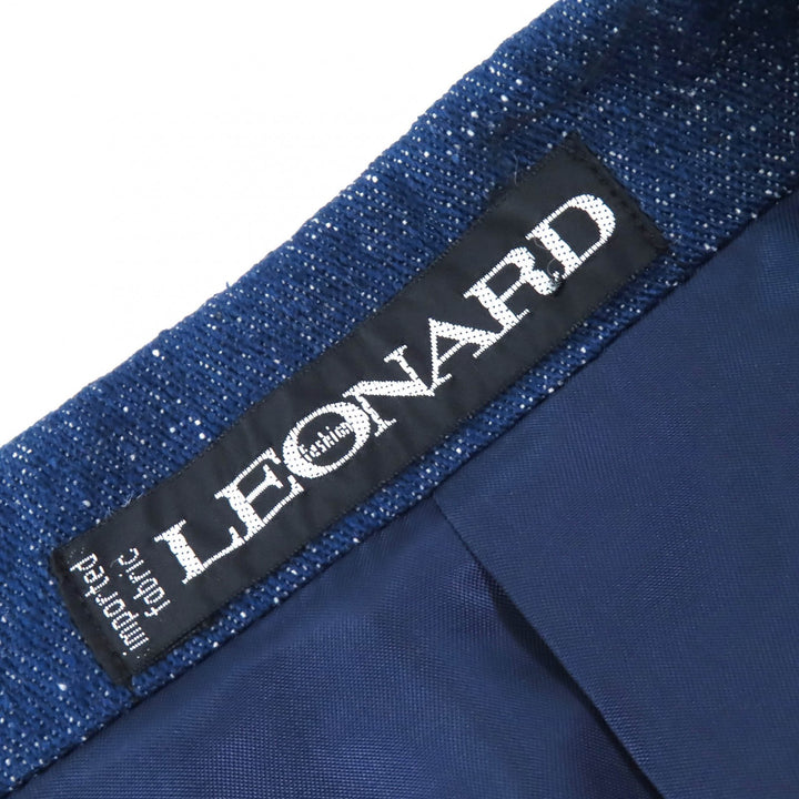 美品△LEONARD FASHION レオナール ファッション シルク100％ ロゴ刺繍 ビジュー付き ジャケット スカート セットアップ ブルー 9AB2