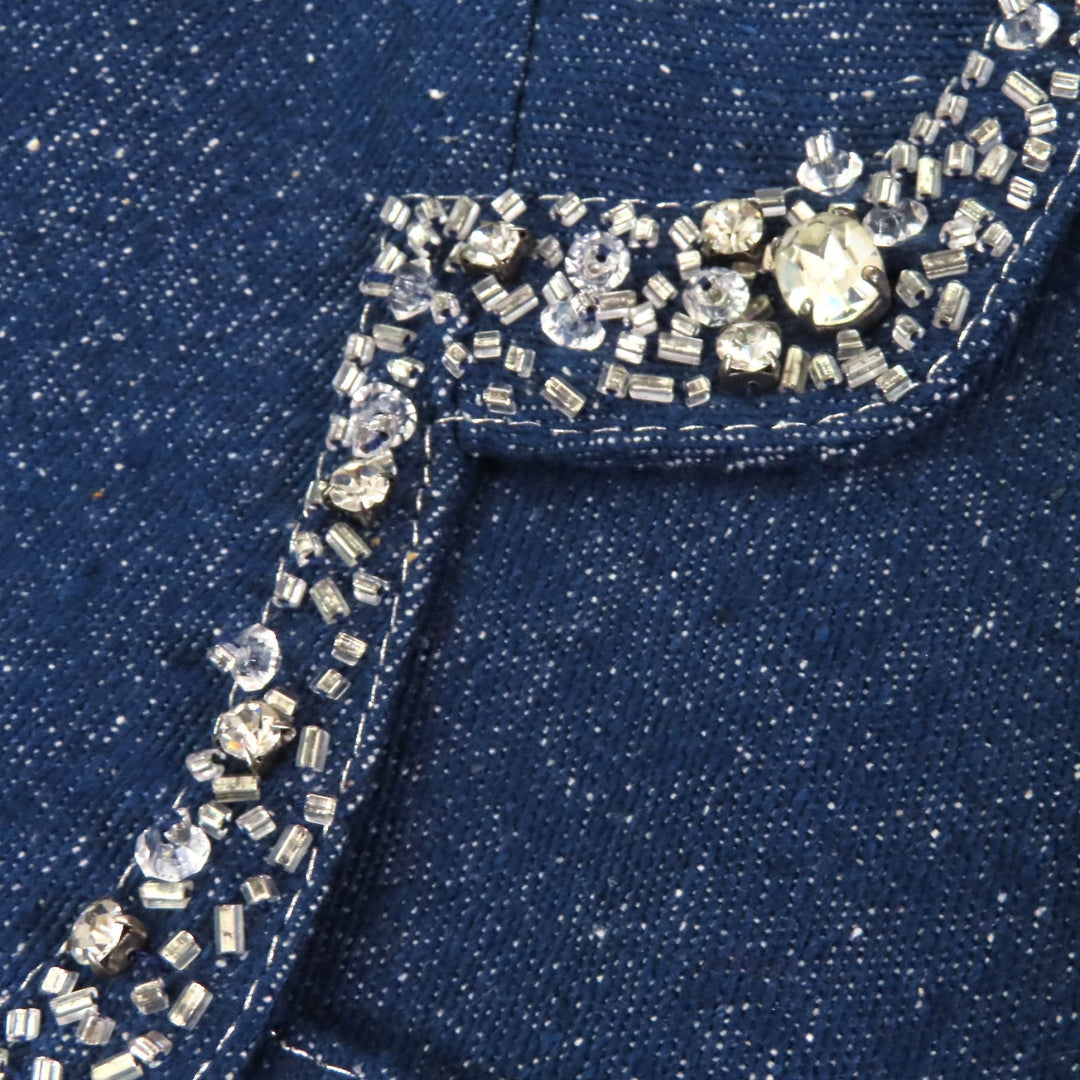 美品△LEONARD FASHION レオナール ファッション シルク100％ ロゴ刺繍 ビジュー付き ジャケット スカート セットアップ ブルー 9AB2