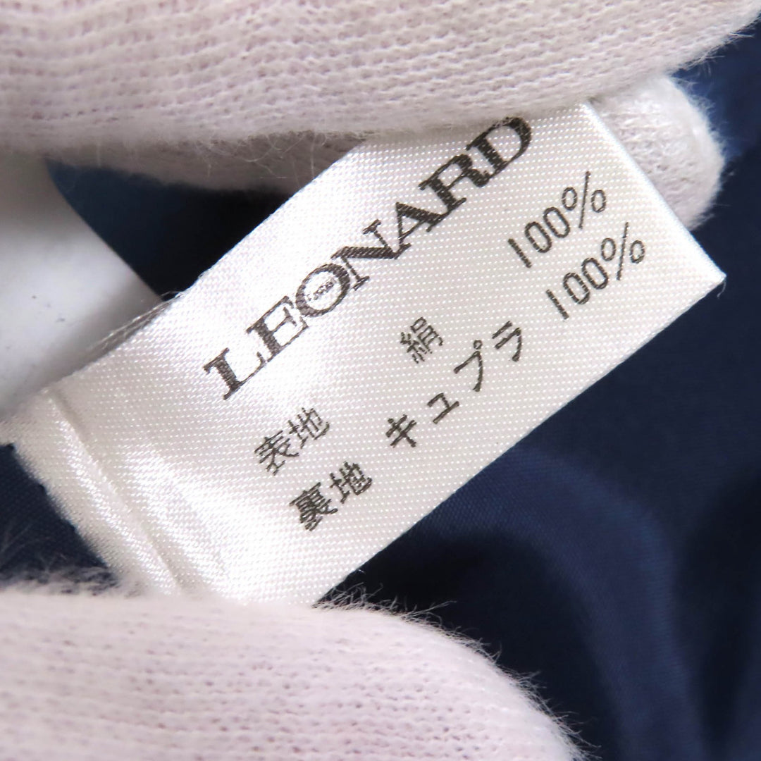 美品△LEONARD FASHION レオナール ファッション シルク100％ ロゴ刺繍 ビジュー付き ジャケット スカート セットアップ ブルー 9AB2