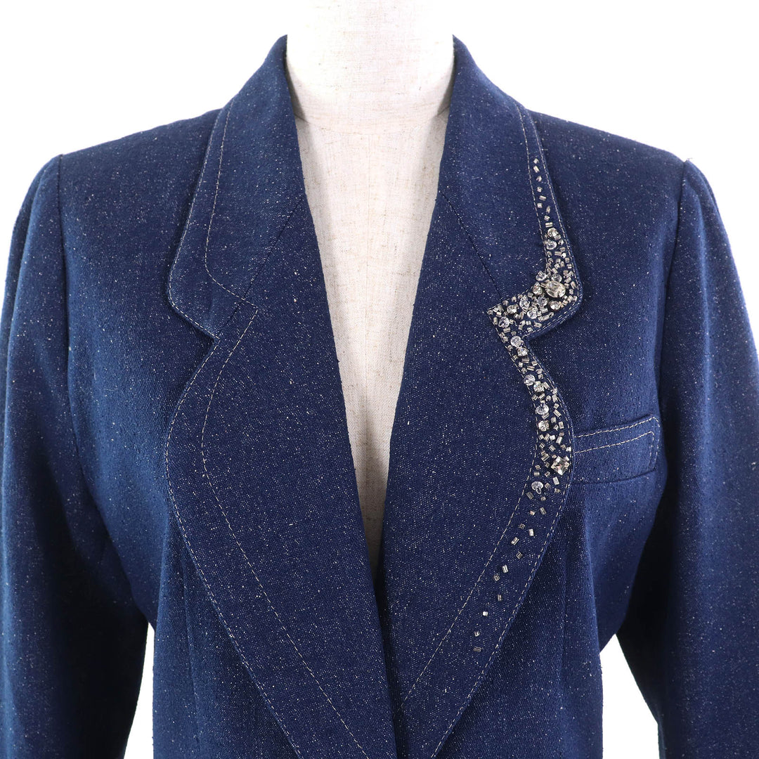 美品△LEONARD FASHION レオナール ファッション シルク100％ ロゴ刺繍 ビジュー付き ジャケット スカート セットアップ ブルー 9AB2