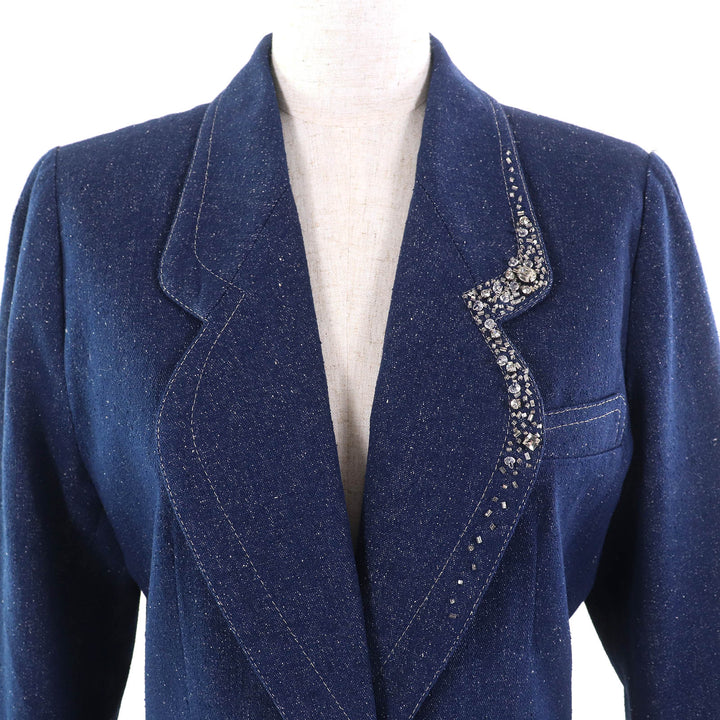 美品△LEONARD FASHION レオナール ファッション シルク100％ ロゴ刺繍 ビジュー付き ジャケット スカート セットアップ ブルー 9AB2
