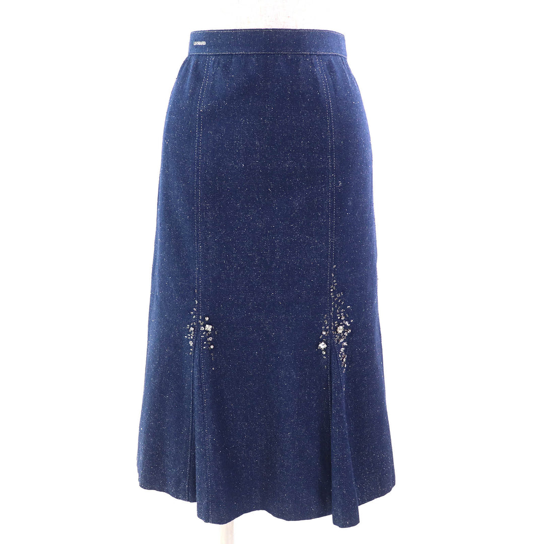 美品△LEONARD FASHION レオナール ファッション シルク100％ ロゴ刺繍 ビジュー付き ジャケット スカート セットアップ ブルー 9AB2