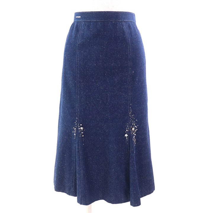 美品△LEONARD FASHION レオナール ファッション シルク100％ ロゴ刺繍 ビジュー付き ジャケット スカート セットアップ ブルー 9AB2