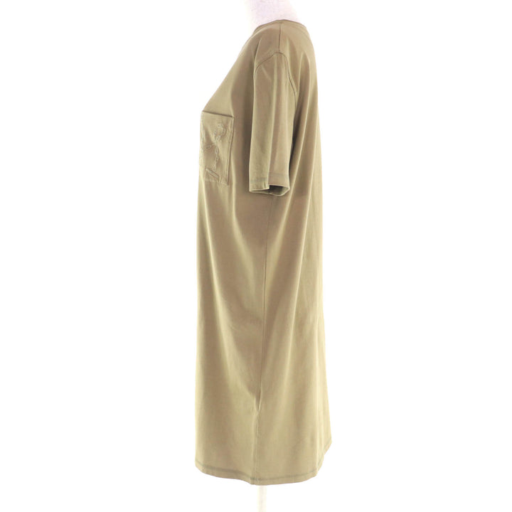 極美品★HERMES エルメス コットン100% シェーヌダンクル ポケット付 クルーネック 半袖 ワンピース カーキ 38 フランス製 レディース