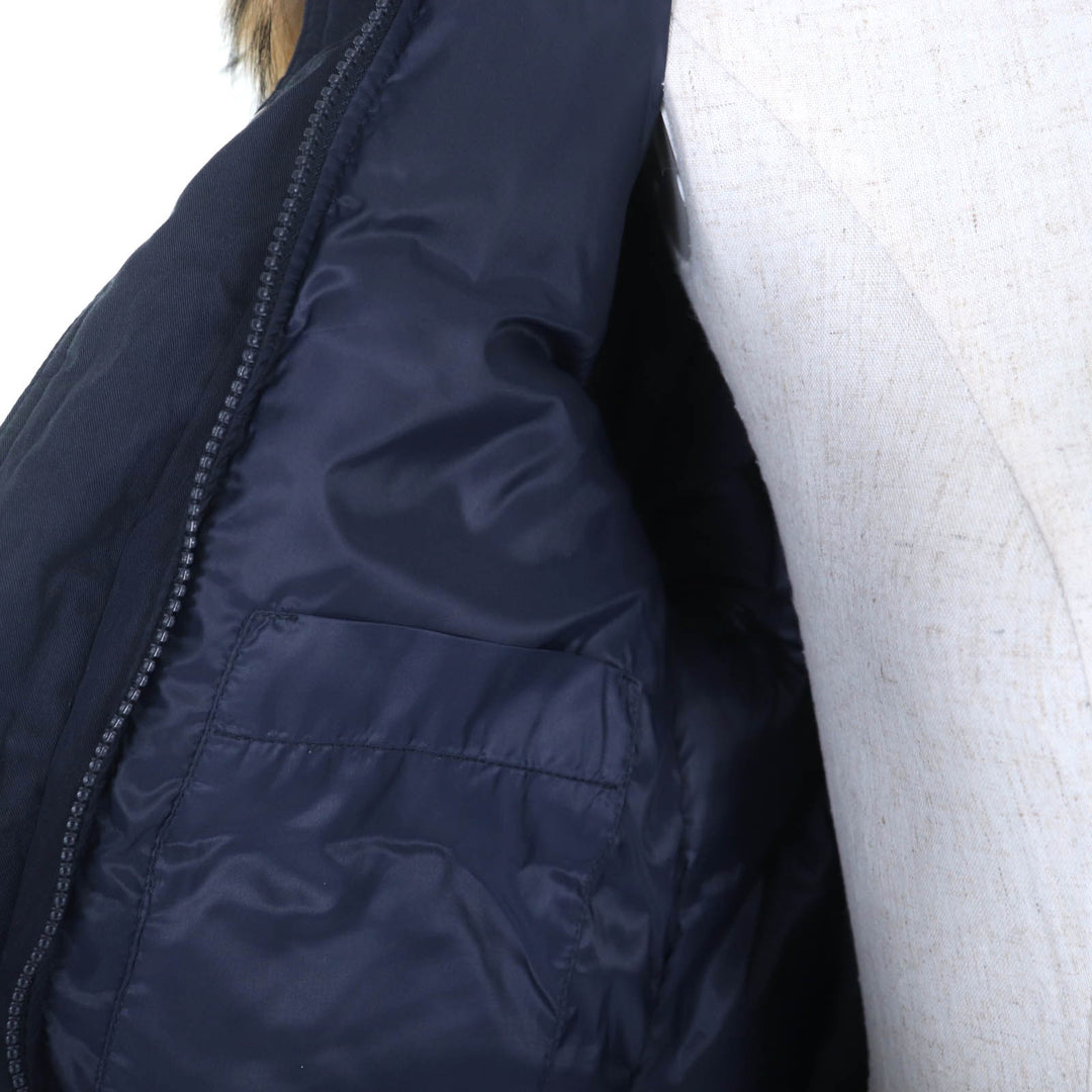 良品◇Pyrenex ピレネックス BORDEAUX ファー・フード・ロゴワッペン付き 比翼仕立て ダウンジャケット ネイビー 36 正規品 レディース