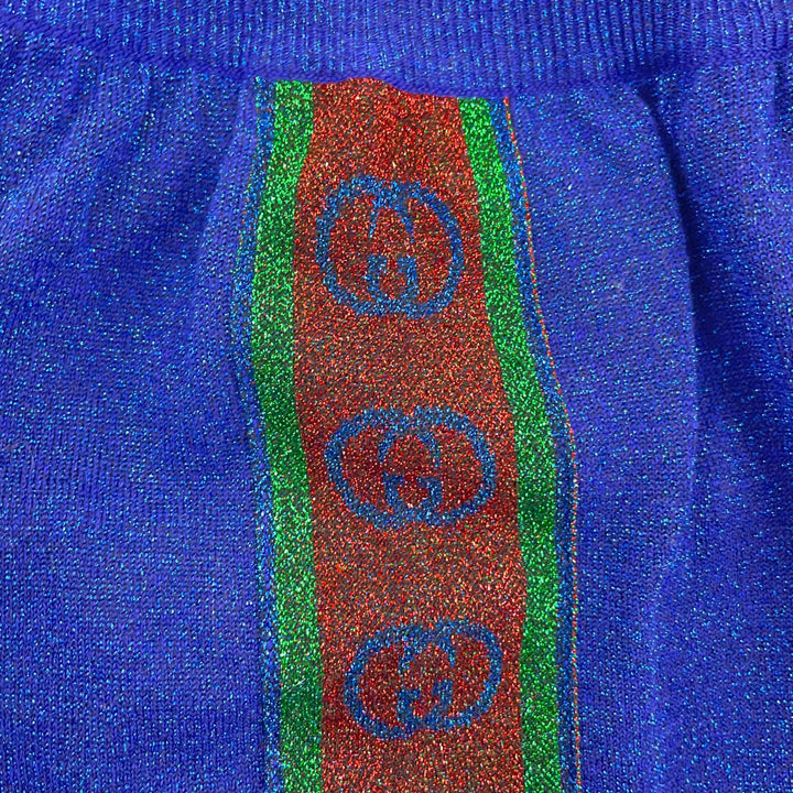 極美品▲GUCCI グッチ 579764 インターロッキングG ウェブライン ラメ スウェットパンツ ブルー XS イタリア製 正規品 レディース