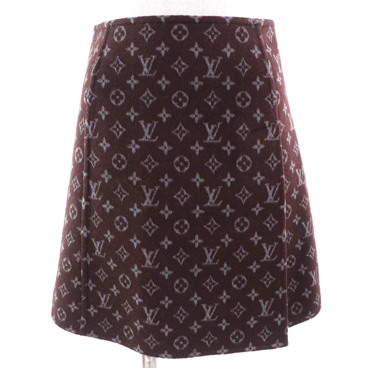 極美△LOUIS VUITTON ルイヴィトン 21AW 1A90Z6 モノグラム マルタンガール ウール シルク ロゴボタン ミニスカート ブラウン 34 正規品