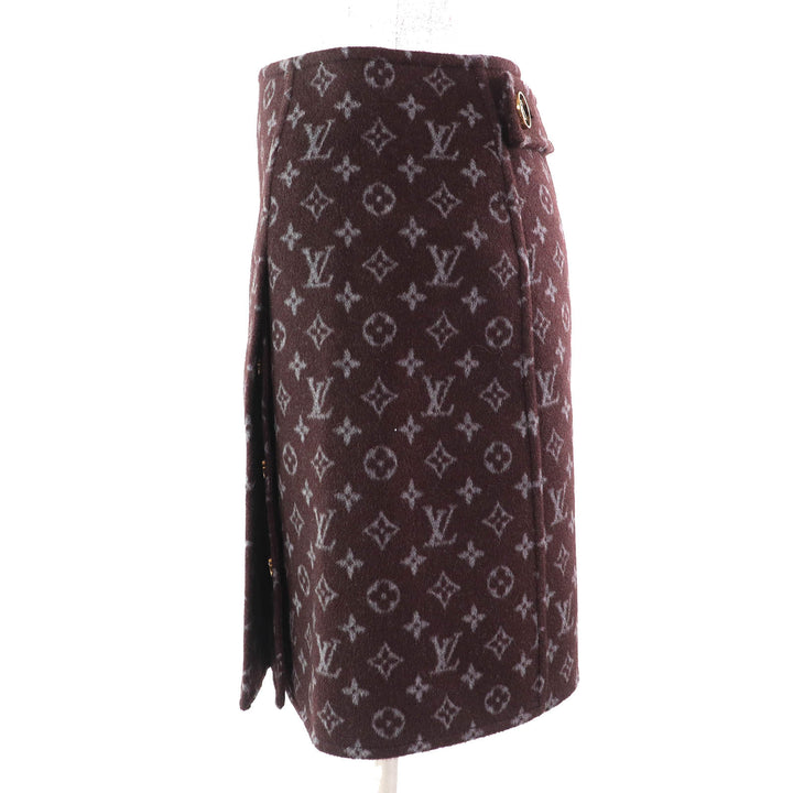 極美△LOUIS VUITTON ルイヴィトン 21AW 1A90Z6 モノグラム マルタンガール ウール シルク ロゴボタン ミニスカート ブラウン 34 正規品
