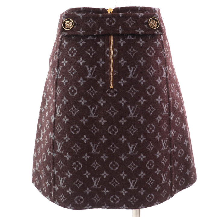 極美△LOUIS VUITTON ルイヴィトン 21AW 1A90Z6 モノグラム マルタンガール ウール シルク ロゴボタン ミニスカート ブラウン 34 正規品
