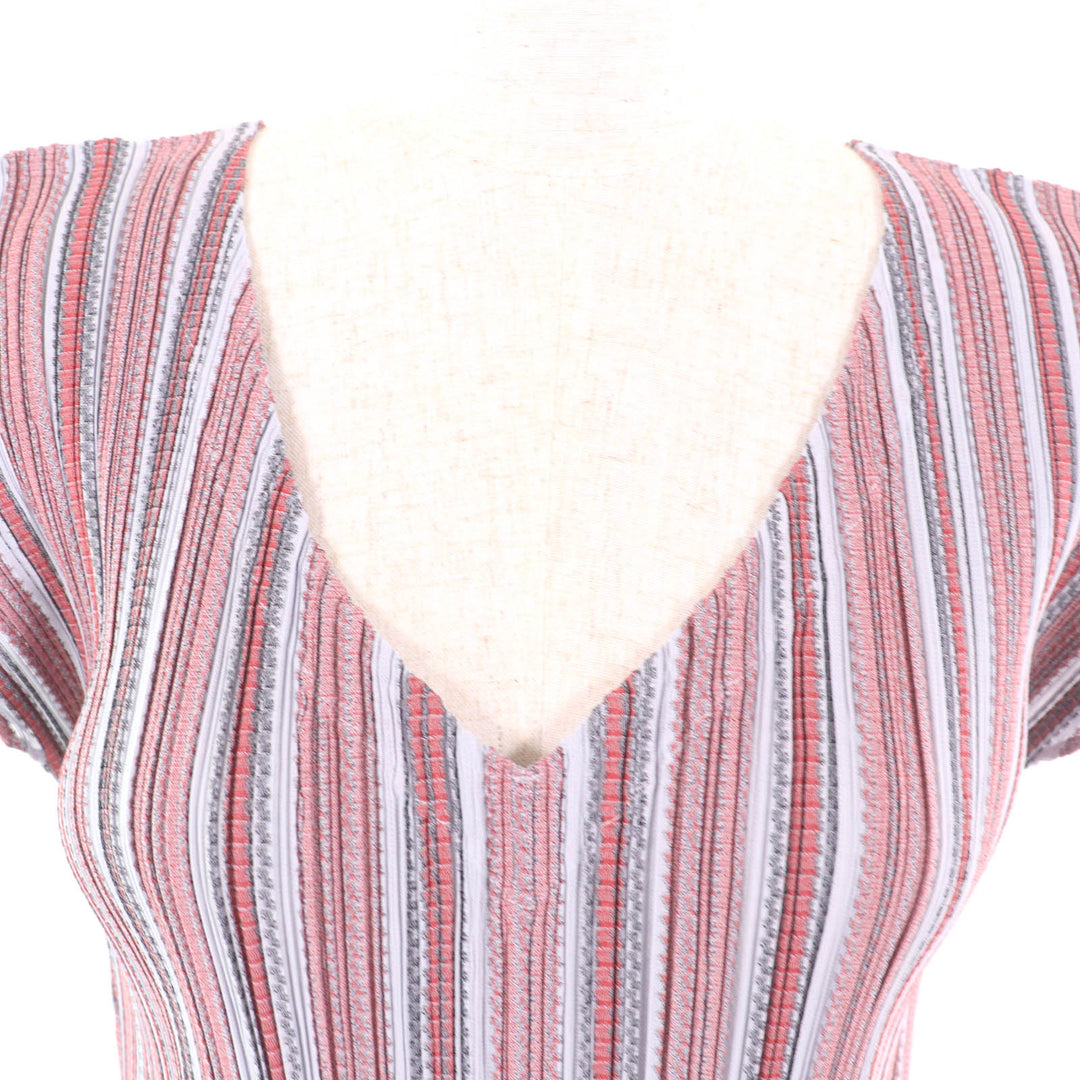極美品★PLEATS PLEASE プリーツプリーズ イッセイミヤケ PP21-JT566 ストライプ柄 Vネック半袖 ワンピース チュニック マルチ 3 正規品