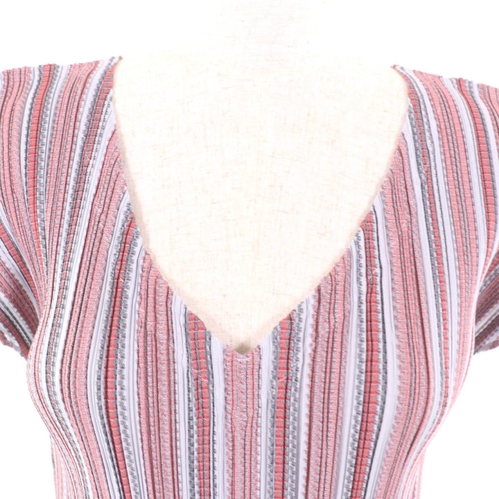 極美品★PLEATS PLEASE プリーツプリーズ イッセイミヤケ PP21-JT566 ストライプ柄 Vネック半袖 ワンピース チュニック マルチ 3 正規品