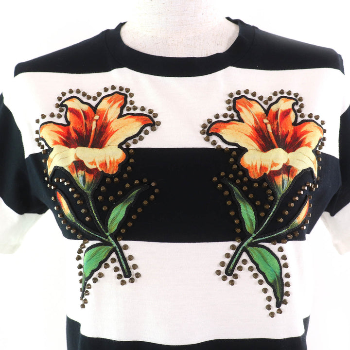 極美品△GUCCI グッチ 422730 Mare Gothicum フラワー スタッズ ボーダー柄 クルーネック 半袖Ｔシャツ ブラック ホワイト M 伊製 正規品