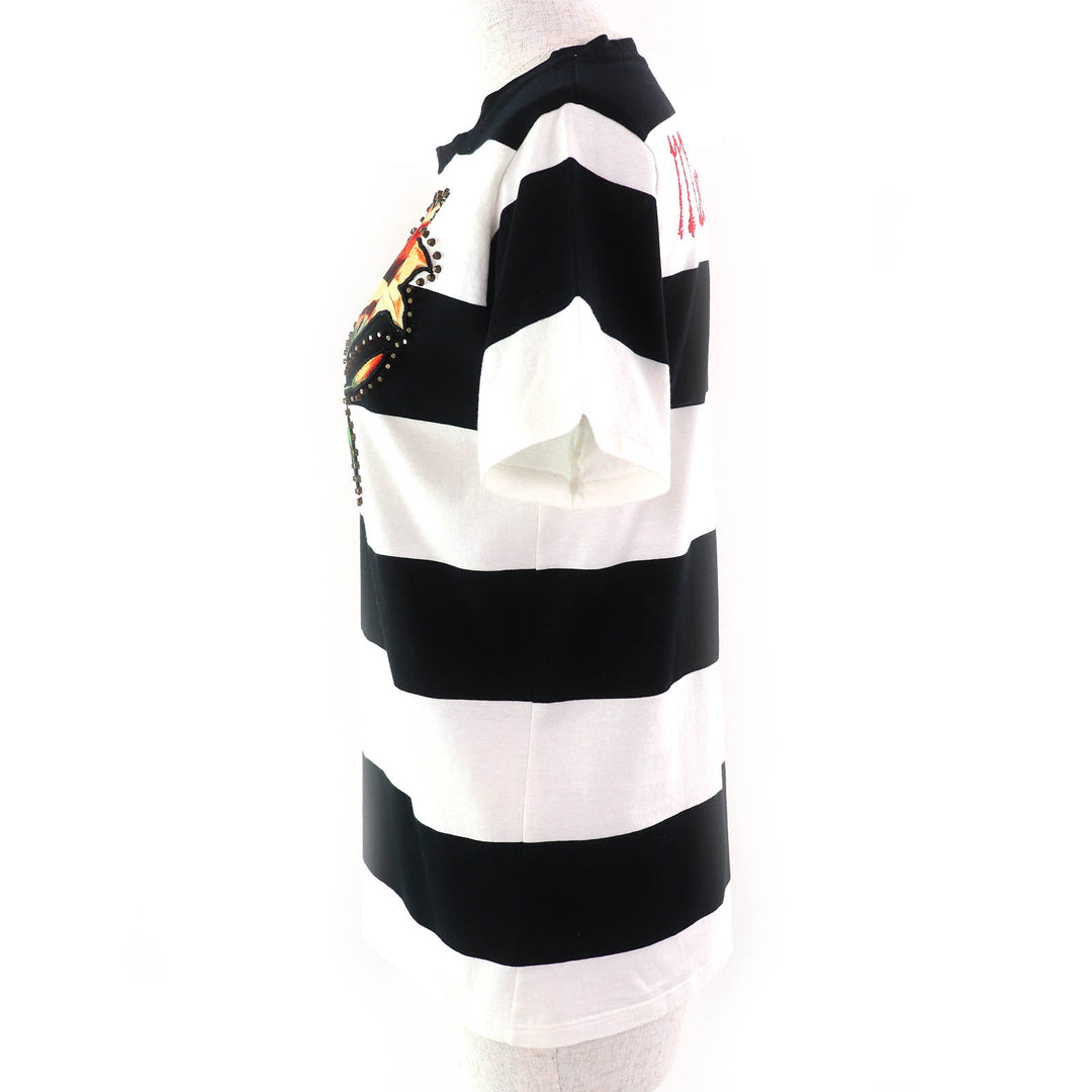 極美品△GUCCI グッチ 422730 Mare Gothicum フラワー スタッズ ボーダー柄 クルーネック 半袖Ｔシャツ ブラック ホワイト M 伊製 正規品