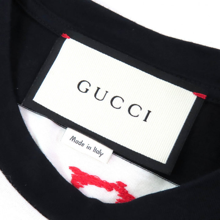 極美品△GUCCI グッチ 422730 Mare Gothicum フラワー スタッズ ボーダー柄 クルーネック 半袖Ｔシャツ ブラック ホワイト M 伊製 正規品
