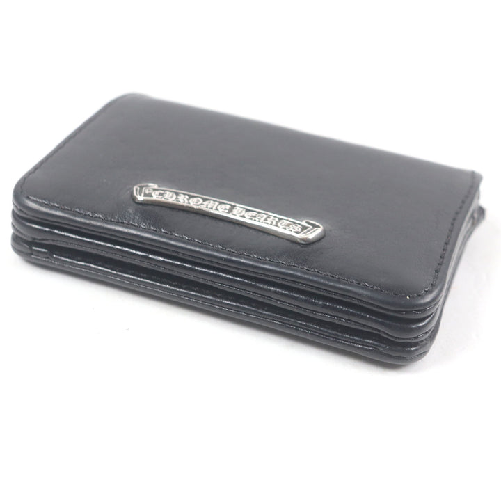 良品□CHROME HEARTS クロムハーツ レザー スクロールラベル ロゴシルバー金具 3ポケット 名刺入れ カードケース ブラック メンズ