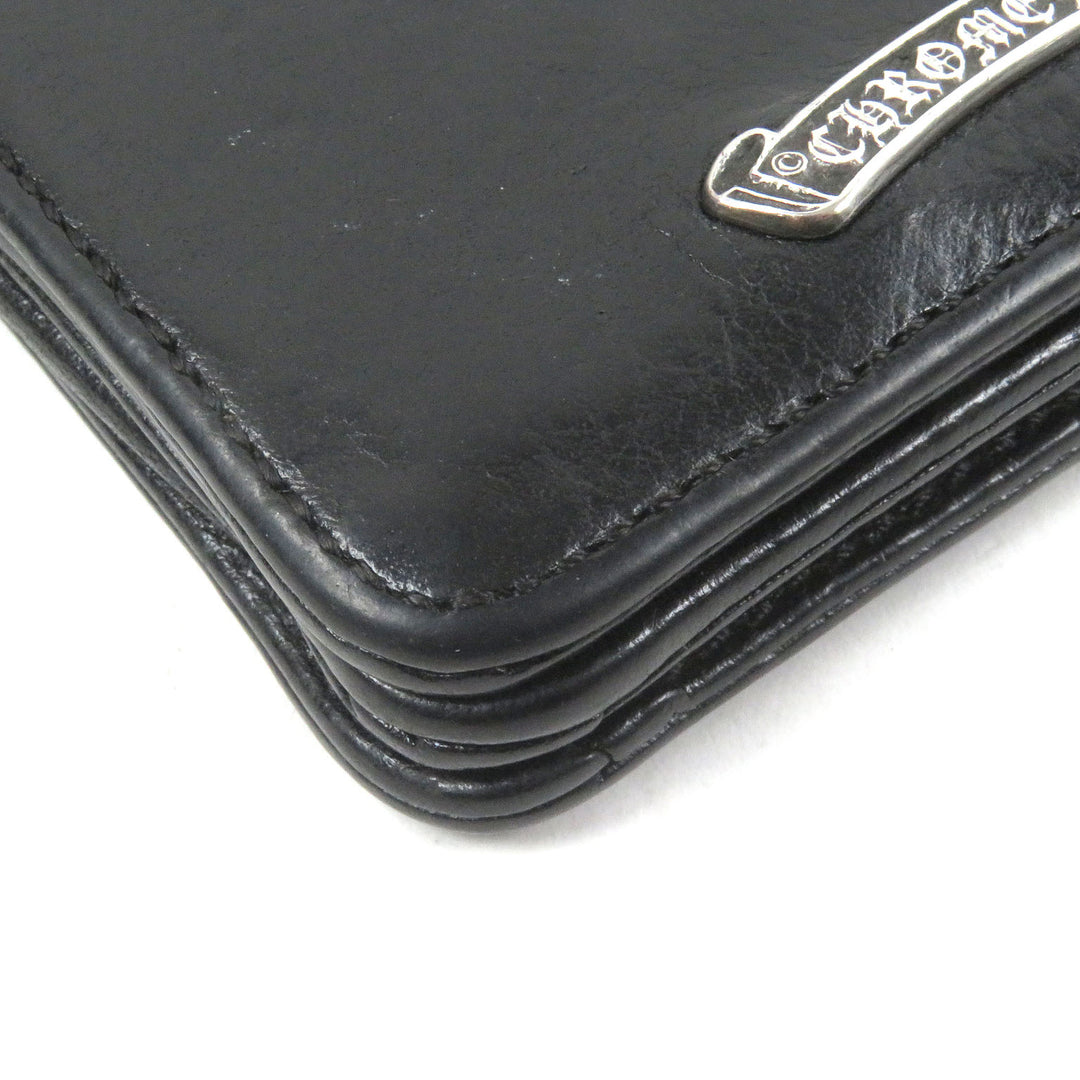 良品□CHROME HEARTS クロムハーツ レザー スクロールラベル ロゴシルバー金具 3ポケット 名刺入れ カードケース ブラック メンズ