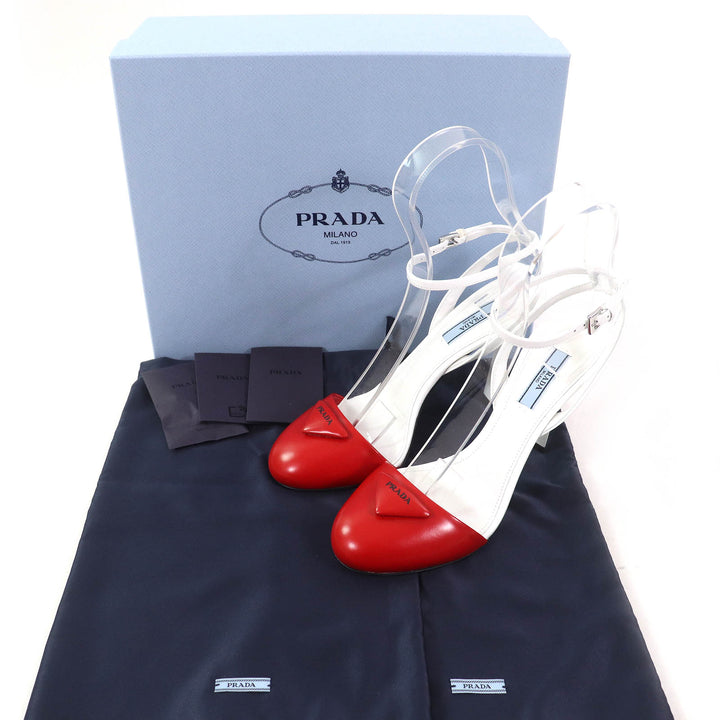 未使用品△PRADA プラダ 1I890M トライアングルロゴ ストラップ レザー パンプス ROSSO BIANCO 37.5 箱・保存袋付 イタリア製 レディース