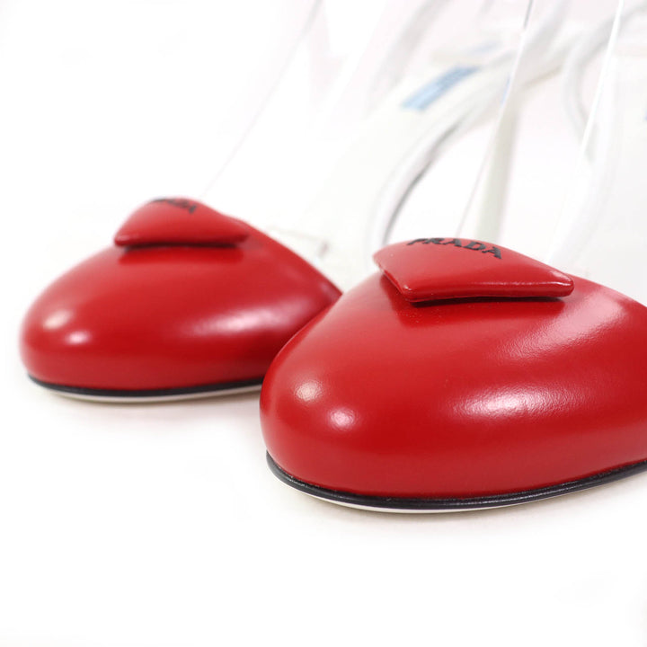 未使用品△PRADA プラダ 1I890M トライアングルロゴ ストラップ レザー パンプス ROSSO BIANCO 37.5 箱・保存袋付 イタリア製 レディース
