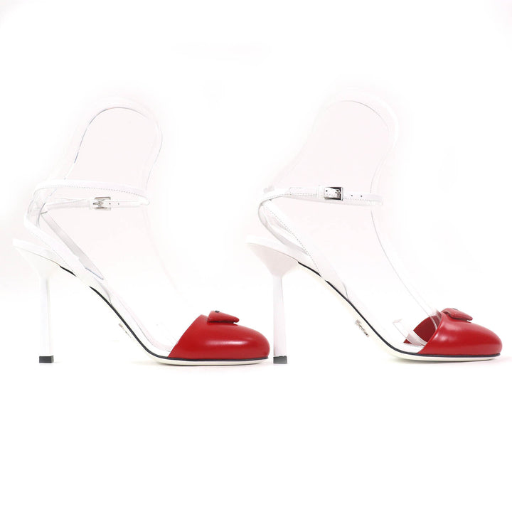 未使用品△PRADA プラダ 1I890M トライアングルロゴ ストラップ レザー パンプス ROSSO BIANCO 37.5 箱・保存袋付 イタリア製 レディース