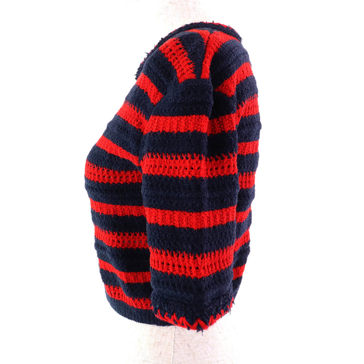 極美品△CHANEL シャネル 23AW 21C P70326 ココマークボタン ボーダー柄 クルーネック クロップド 半袖ニット ネイビー レッド 34 正規品