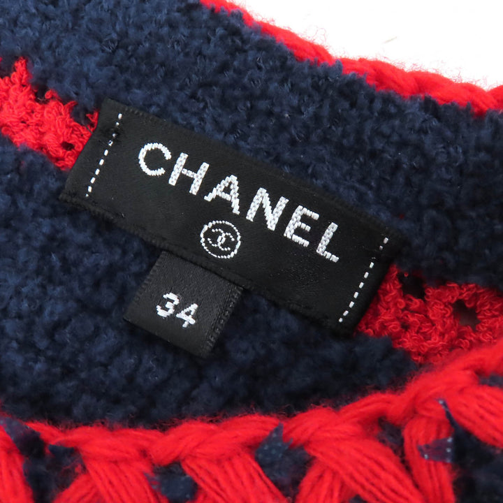 極美品△CHANEL シャネル 23AW 21C P70326 ココマークボタン ボーダー柄 クルーネック クロップド 半袖ニット ネイビー レッド 34 正規品