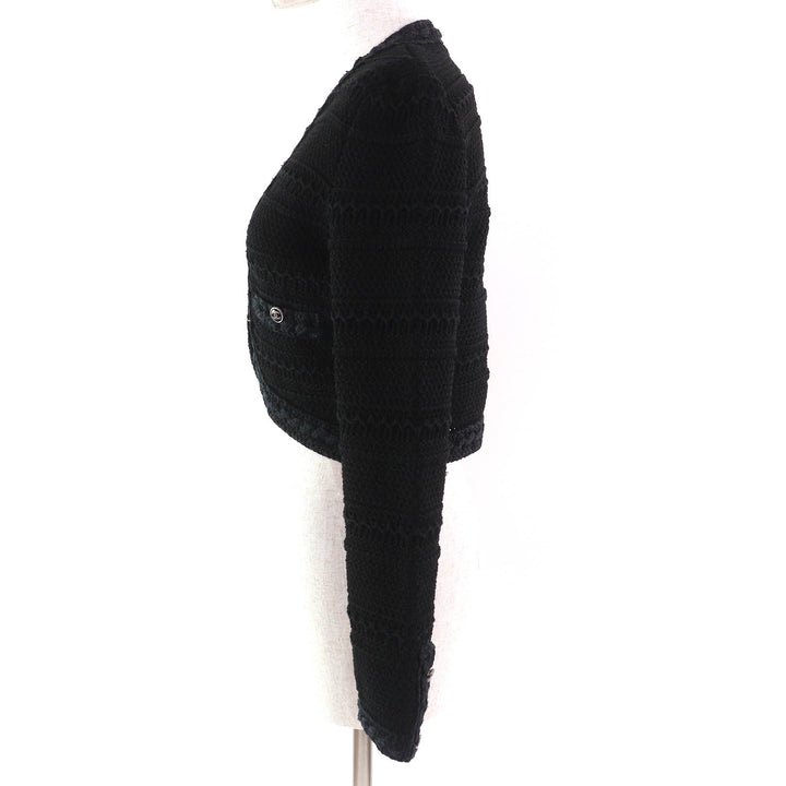 極美品△CHANEL シャネル 21P P70500 コットン100％ ココマークボタン クロップド ニット　カーディガン ブラック 36 正規品 レディース