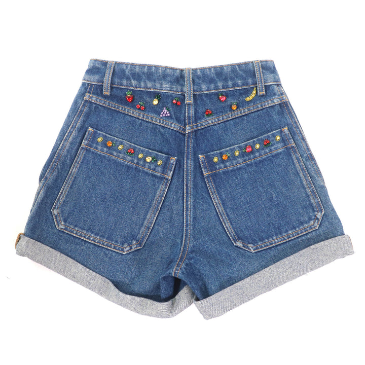 極美品★VALENTINO ヴァレンティノ XB3DD13R6UK コットン100％ フルーツ ビジュー付 デニム ショートパンツ インディゴ 36 伊製 正規品