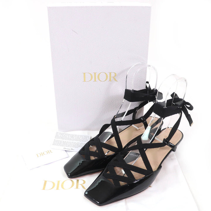 未使用品△Christian Dior クリスチャンディオール D-ENVOL パテントレザー スクエアトゥ レースアップ パンプス ブラック 36 箱・袋付き