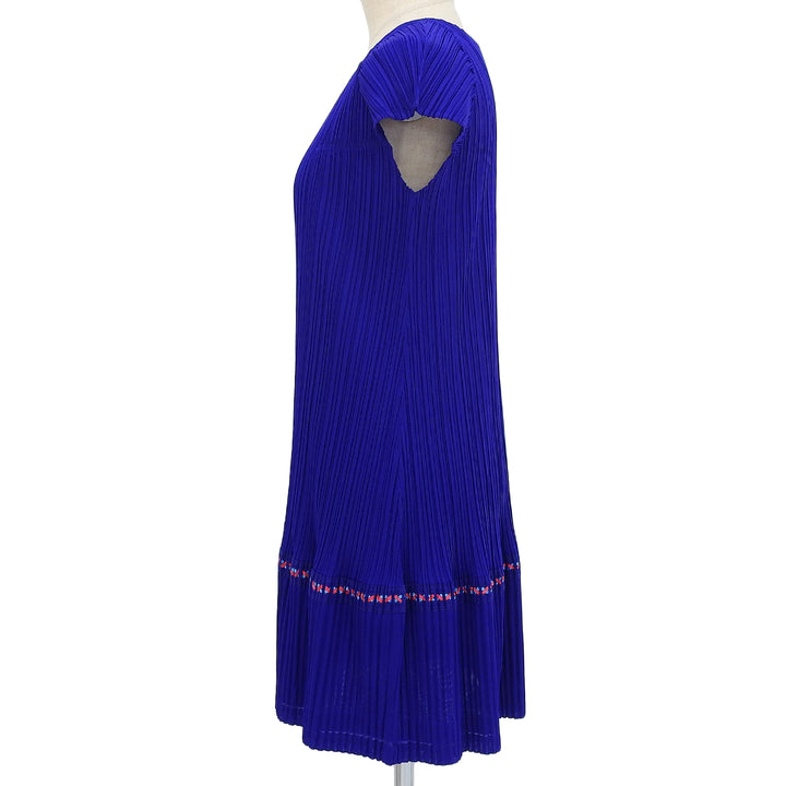 極美品▲PLEATS PLEASE プリーツプリーズ イッセイミヤケ PP03-JT576 半袖 ミニワンピース チュニック 青系 4 日本製 正規品 レディース