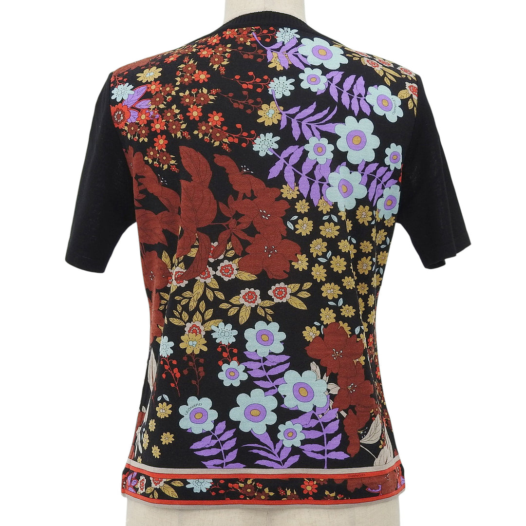 美品▲LEONARD FASHION レオナール ファッション シルク混 フラワープリント クルーネック 半袖ニット ブラック マルチ M 日本製 正規品