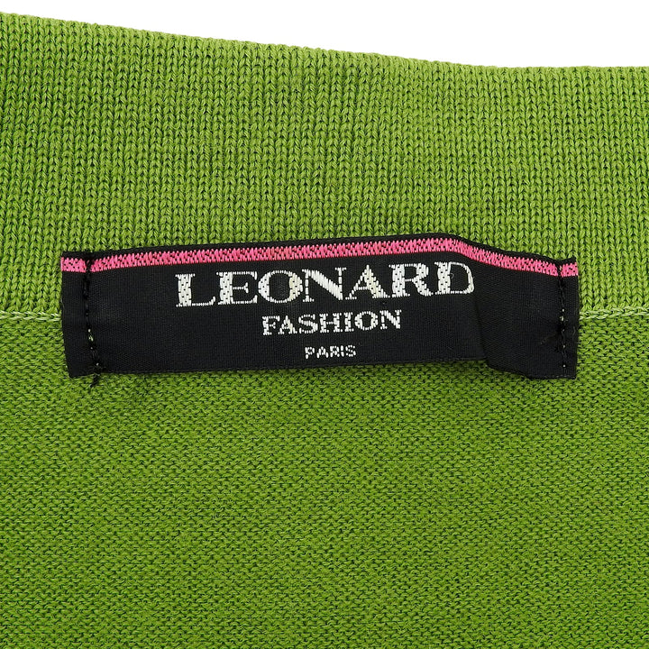 極美品▲LEONARD FASHION レオナール ファッション シルク混 ロゴマーク金ボタン付き 長袖 カーディガン グリーン マルチ M 日本製