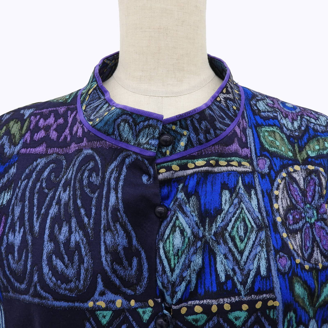 極美品▲LEONARD FASHION レオナール ファッション 0339113 コットン100％ スタンドカラー 総柄 長袖シャツ マルチ LL 日本製 正規品