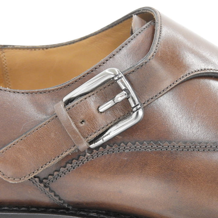 美品▲Salvatore Ferragamo サルヴァトーレフェラガモ TRAMEZZA モンクストラップ レザーシューズ ブラウン 7 イタリア製 メンズ