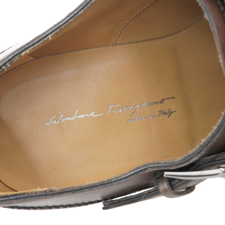 美品▲Salvatore Ferragamo サルヴァトーレフェラガモ TRAMEZZA モンクストラップ レザーシューズ ブラウン 7 イタリア製 メンズ