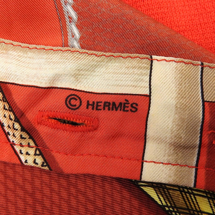 美品▲HERMES エルメス ヴィンテージ シルク コットン ツイルレーヌ ステッキ柄 シェルボタン 長袖シャツ レッド S 伊製 レディース