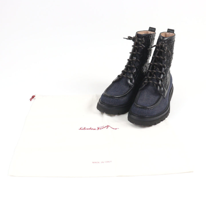 未使用品○Salvatore Ferragamo サルヴァトーレフェラガモ NAVAL2 デニム レザー ガンチーニエンボス レースアップ コンバットブーツ 7