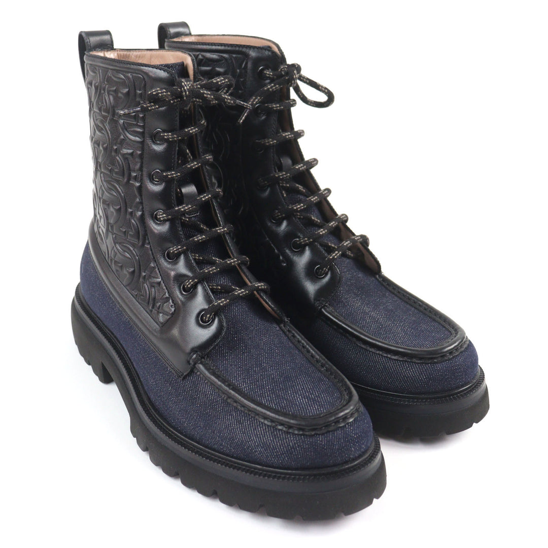 未使用品○Salvatore Ferragamo サルヴァトーレフェラガモ NAVAL2 デニム レザー ガンチーニエンボス レースアップ コンバットブーツ 7