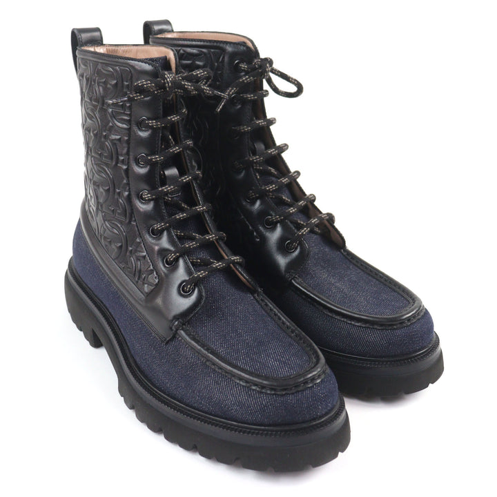 未使用品○Salvatore Ferragamo サルヴァトーレフェラガモ NAVAL2 デニム レザー ガンチーニエンボス レースアップ コンバットブーツ 7