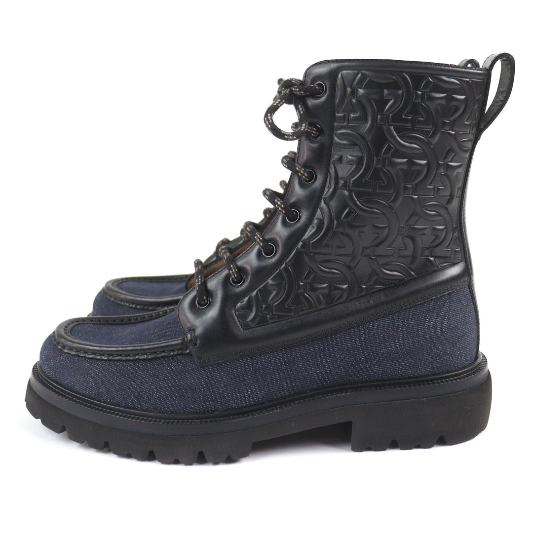 未使用品○Salvatore Ferragamo サルヴァトーレフェラガモ NAVAL2 デニム レザー ガンチーニエンボス レースアップ コンバットブーツ 7