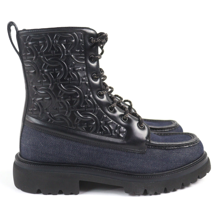 未使用品○Salvatore Ferragamo サルヴァトーレフェラガモ NAVAL2 デニム レザー ガンチーニエンボス レースアップ コンバットブーツ 7