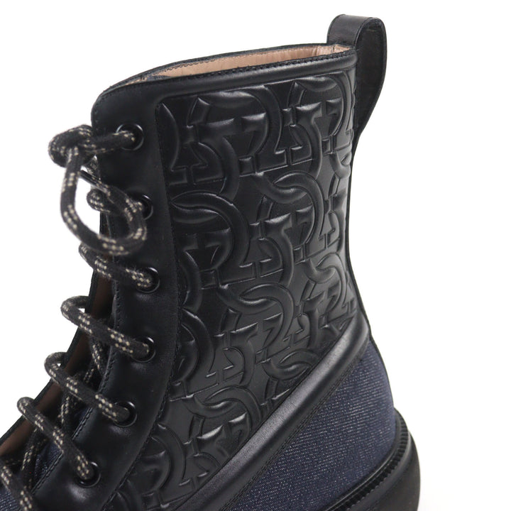 未使用品○Salvatore Ferragamo サルヴァトーレフェラガモ NAVAL2 デニム レザー ガンチーニエンボス レースアップ コンバットブーツ 7
