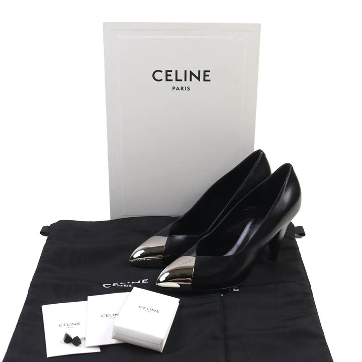 未使用品△CELINE セリーヌ 790810 メタルトゥ レザー パンプス ブラック シルバー 35 保存袋付き イタリア製 レディース オススメ◎