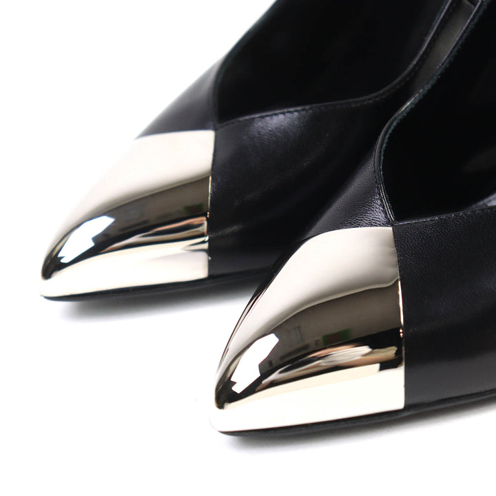 未使用品△CELINE セリーヌ 790810 メタルトゥ レザー パンプス ブラック シルバー 35 保存袋付き イタリア製 レディース オススメ◎