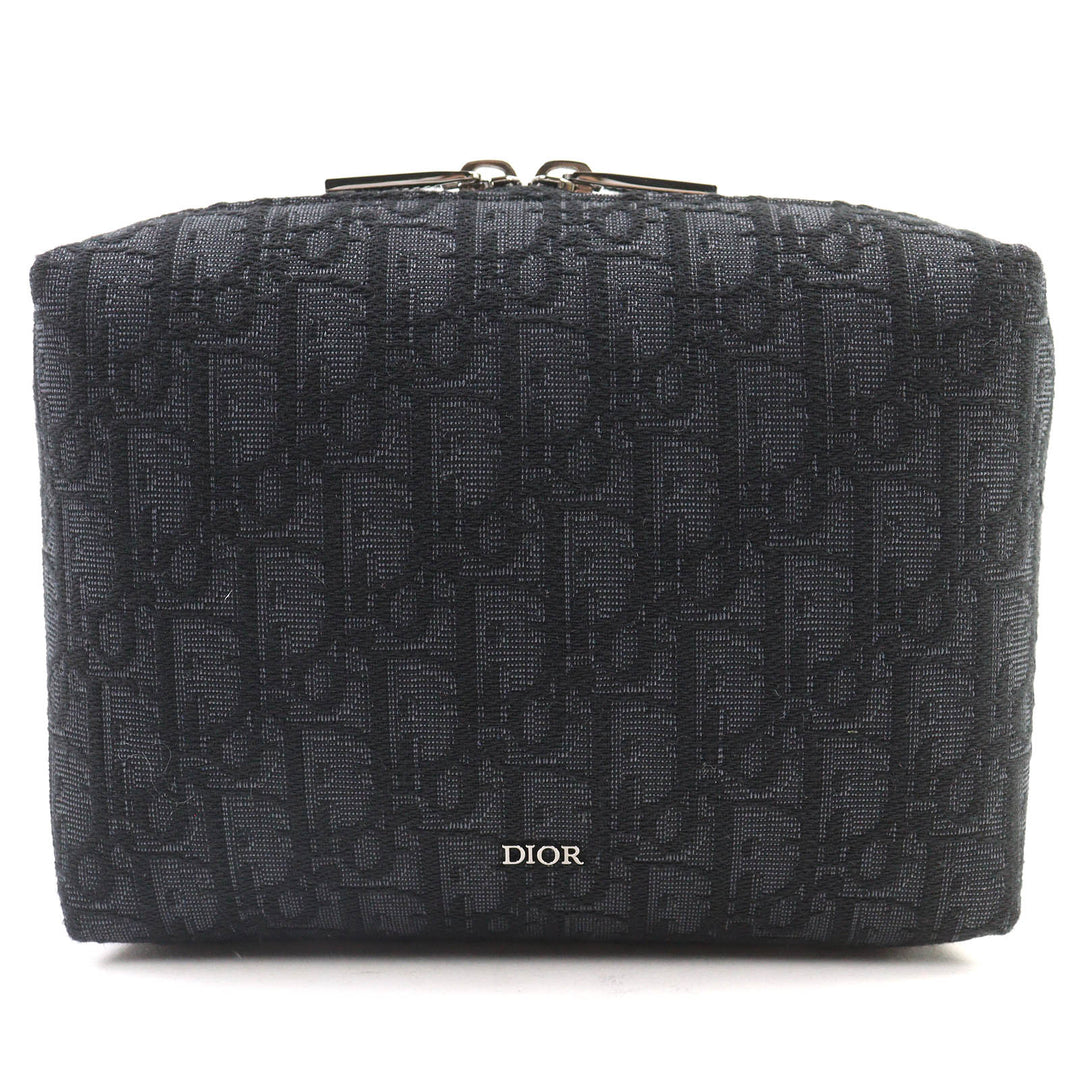 未使用品△DIOR ディオール キャンバス ロゴ金具 レザー使い オブリーク キャンバス ラウンドジップ ポーチ ブラック系 箱・袋付 伊製