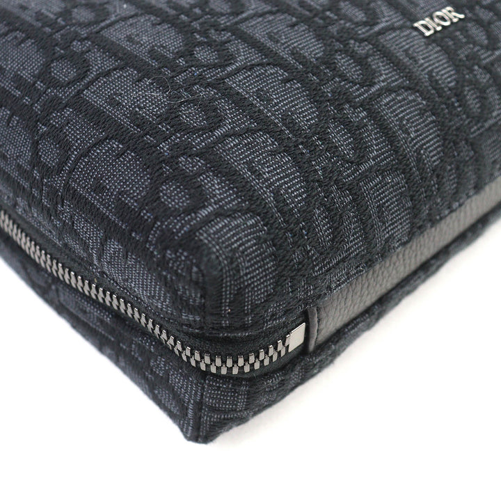 未使用品△DIOR ディオール キャンバス ロゴ金具 レザー使い オブリーク キャンバス ラウンドジップ ポーチ ブラック系 箱・袋付 伊製