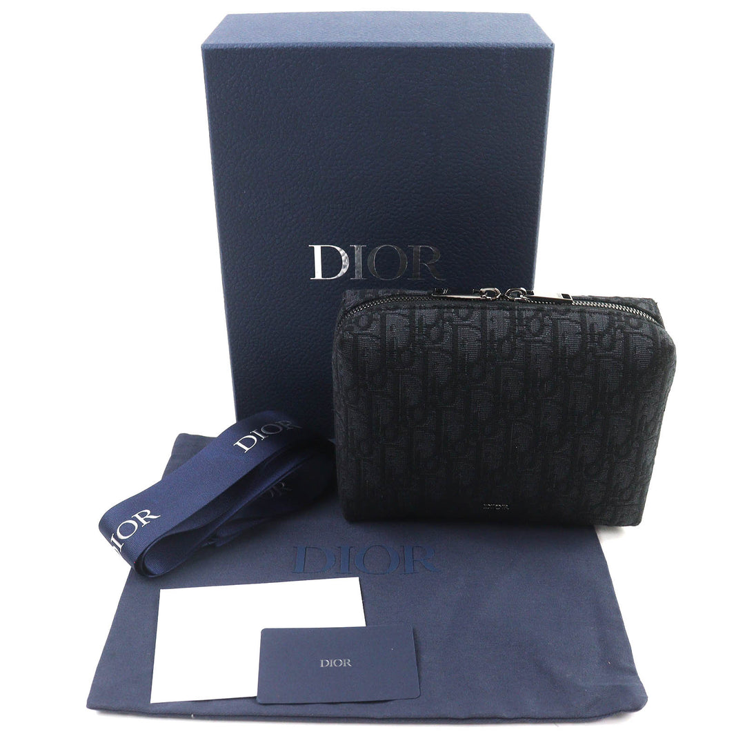 未使用品△DIOR ディオール キャンバス ロゴ金具 レザー使い オブリーク キャンバス ラウンドジップ ポーチ ブラック系 箱・袋付 伊製