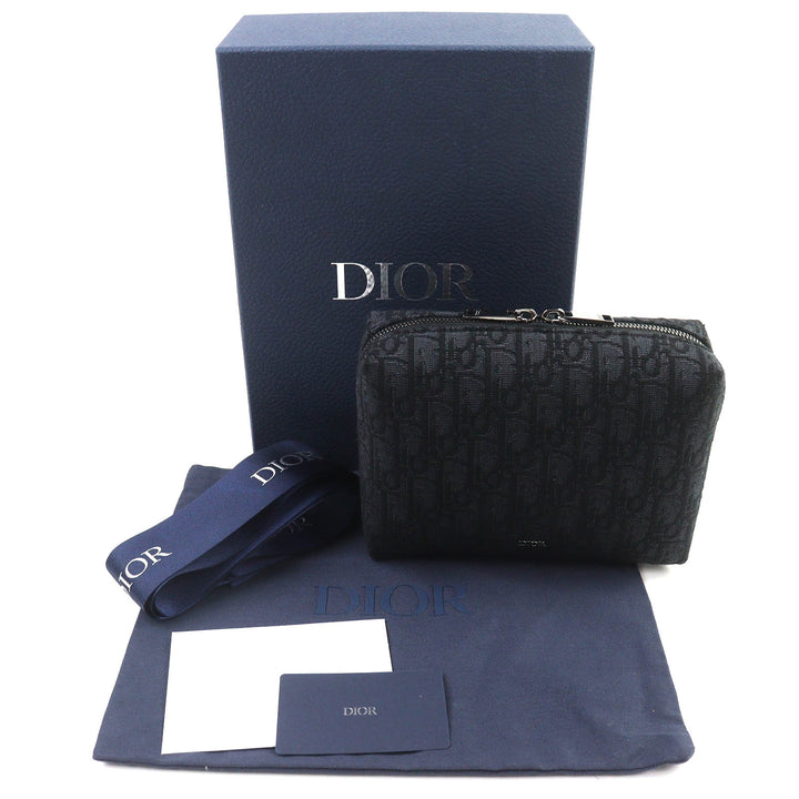 未使用品△DIOR ディオール キャンバス ロゴ金具 レザー使い オブリーク キャンバス ラウンドジップ ポーチ ブラック系 箱・袋付 伊製
